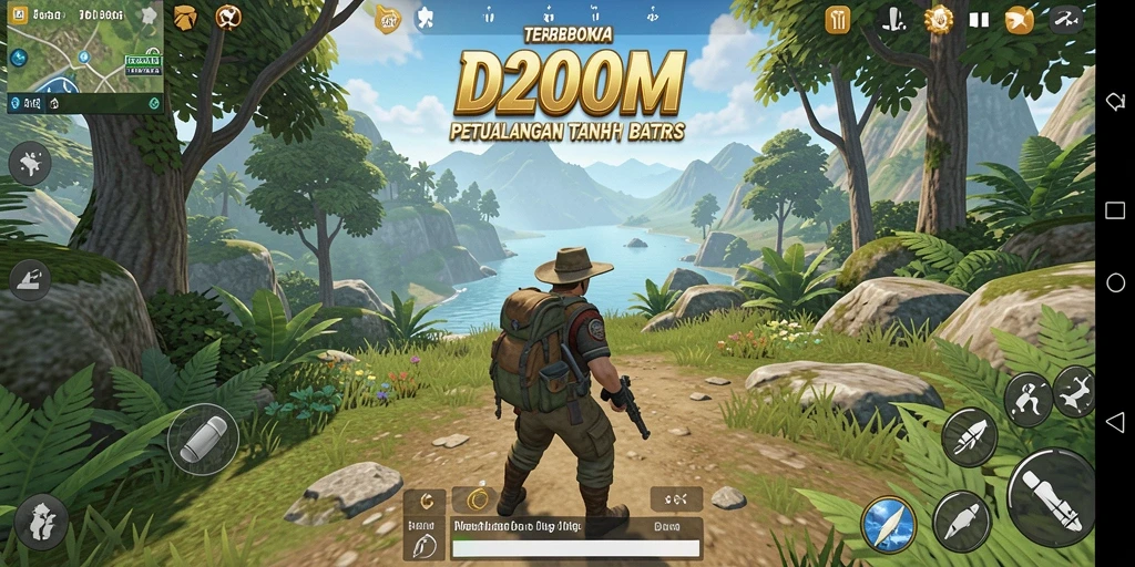 Screenshot menunjukkan petualangan dalam dunia terbuka D200M.