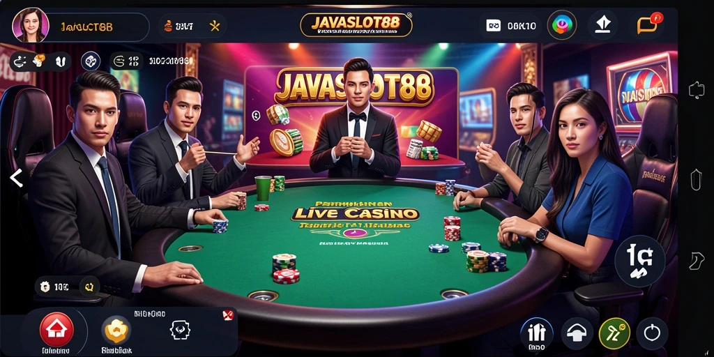 Screenshot gameplay Live Casino JAVASLOT88 menampilkan dealer profesional dan suasana kasino yang nyata.