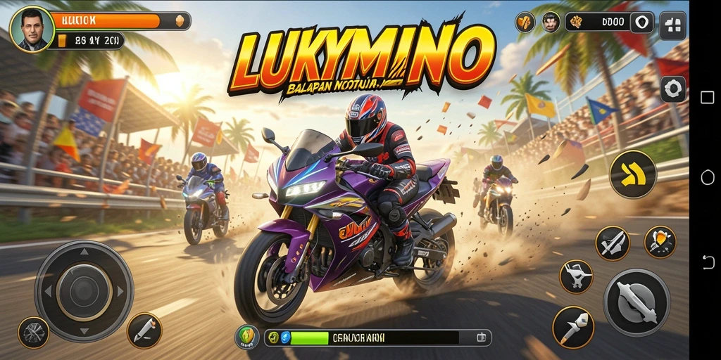 Screenshot LUKYMINO menampilkan aksi balapan motor yang mendebarkan