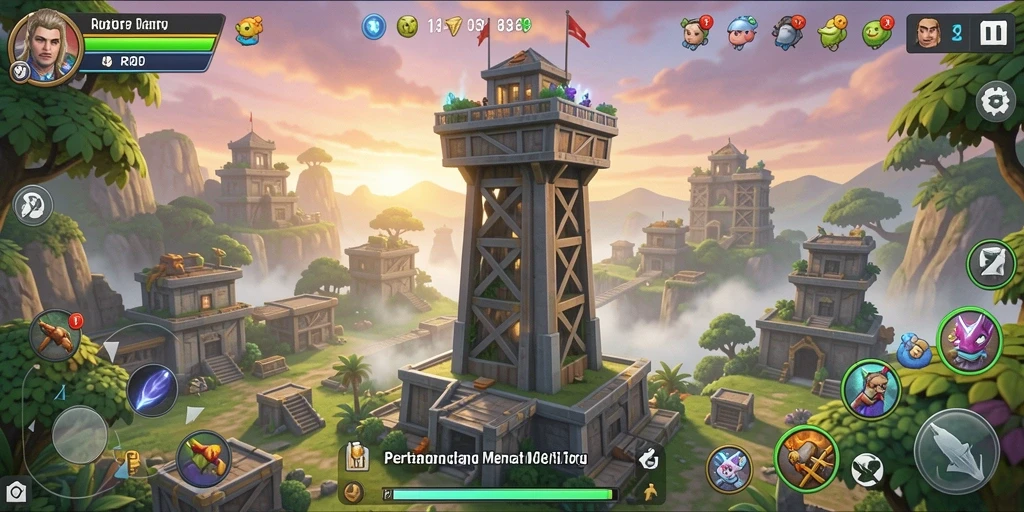 Tampilkan screenshot utama dari gameplay Tower Defense yang mendebarkan.