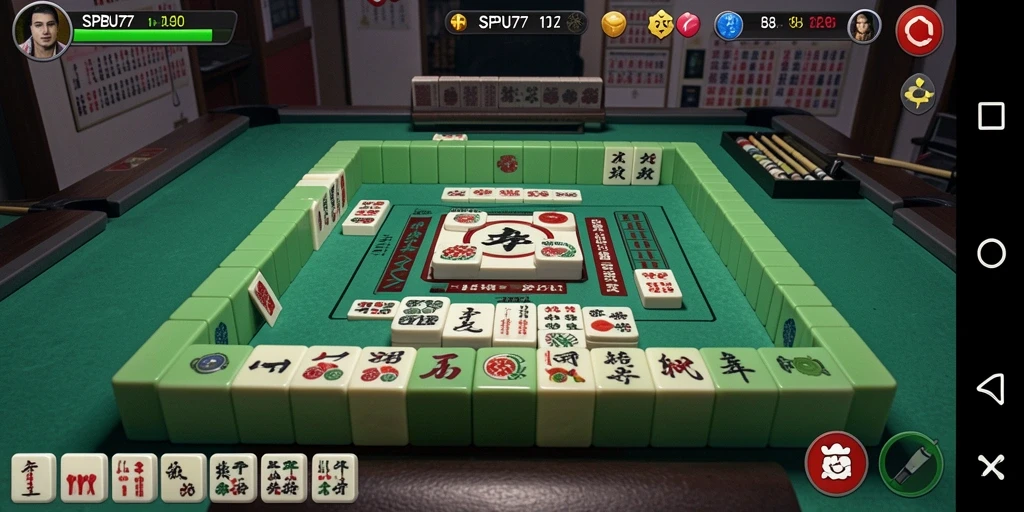 Screenshot gameplay SPBU77 menampilkan ubin Mahjong yang berwarna-warni dan menarik.