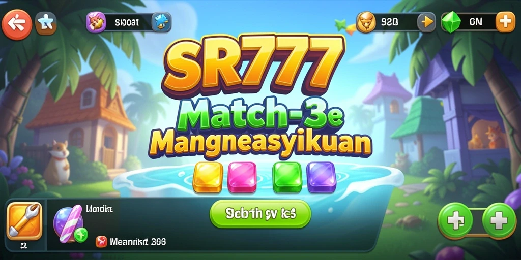 Menampilkan gameplay Match-3 yang seru dan penuh warna.