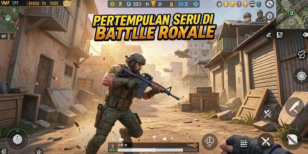 Screenshot utama VM777 menunjukkan pertempuran intens dalam gameplay Battle Royale.