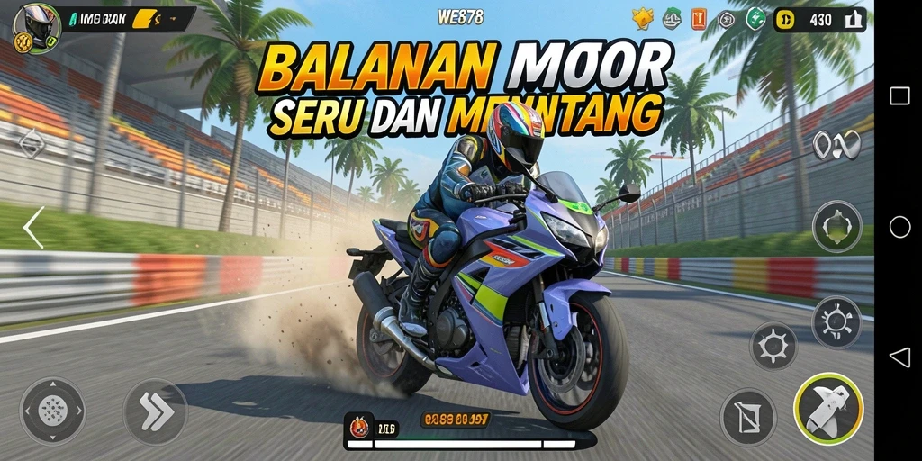 Tangkapan layar WE878 menampilkan aksi balapan motor yang mendebarkan.